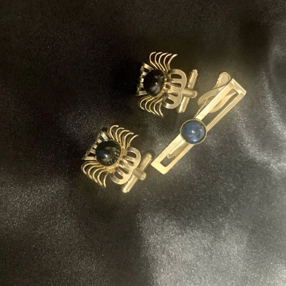 Tie Clip Set vintage CuffLinks with matching Tie Bar  Men Wedding Jewelry .